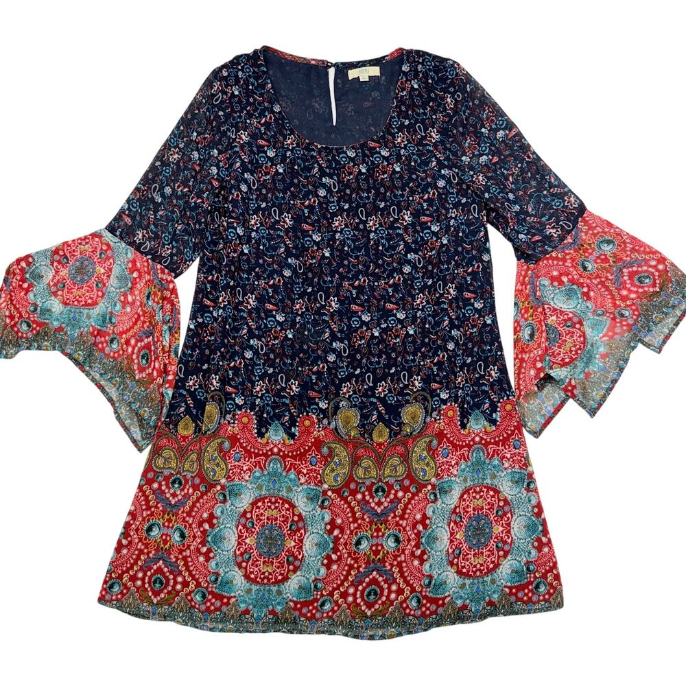 Kori America Dress Small Boho Paisley Bell Sleeve Multicolor Tunic Mini Dress